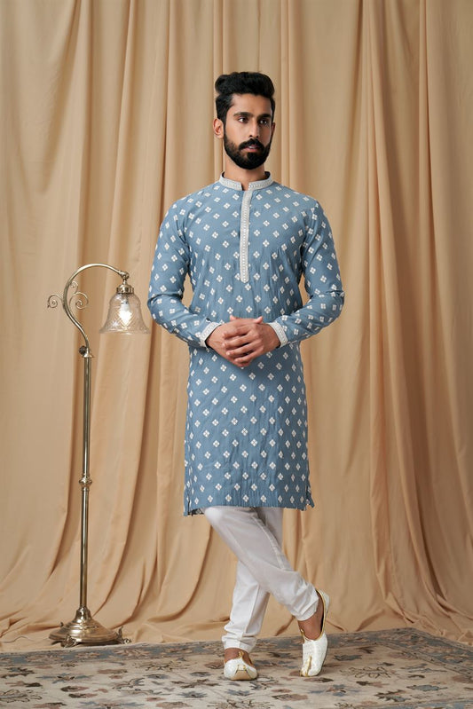 Air Force Blue Muslin Allover Embroidered Kurta Pyjama