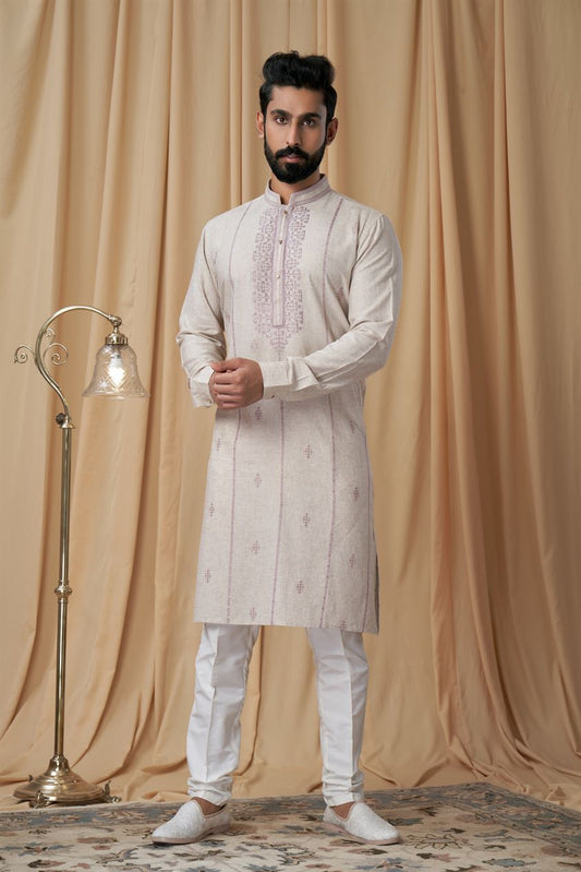 Beige Tusser Embroidered Kurta Pyjama