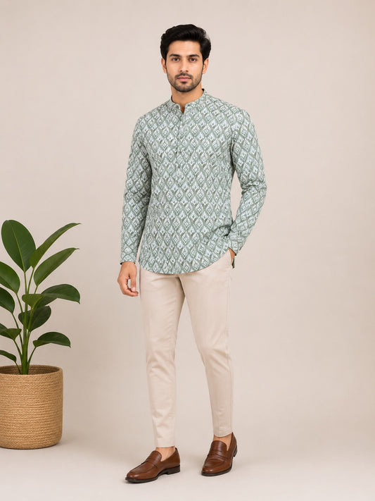 Moss Green Cotton Printed Short Kurta