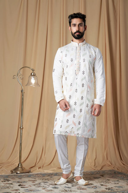 Off White Muslin Mirror and Embroidered Kurta Pyjama