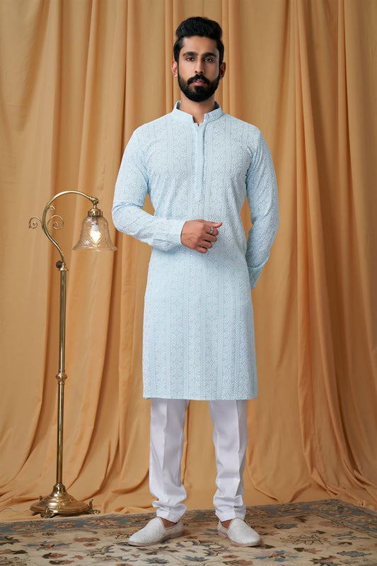 Firozi Georgette Embroidered Kurta Pyjama