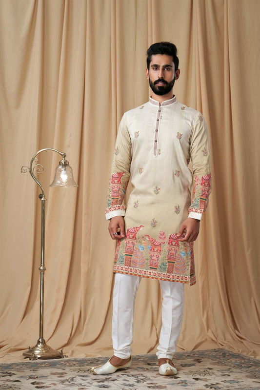 Beige Tusser Embroidered Kurta Pyjama
