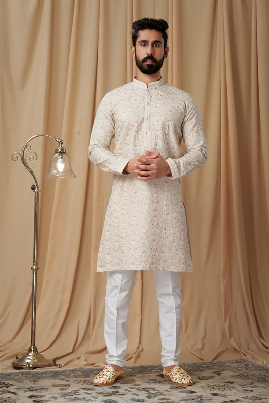Beige Matka Silk Embroidered Kurta Pyjama
