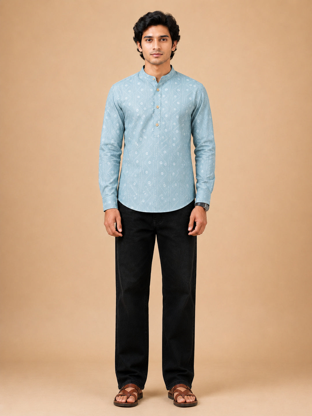 Mint Green Linen Printed Short Kurta
