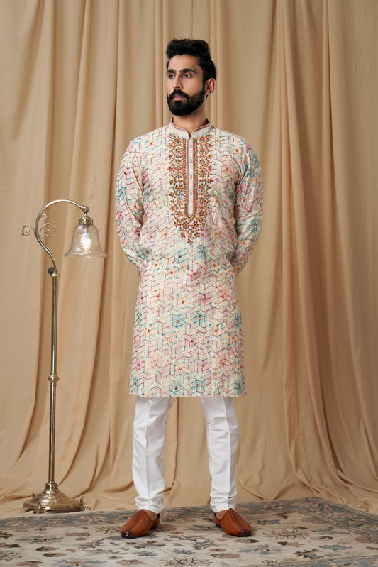 Off White Muslin Mirror and Embroidered Kurta Pyjama