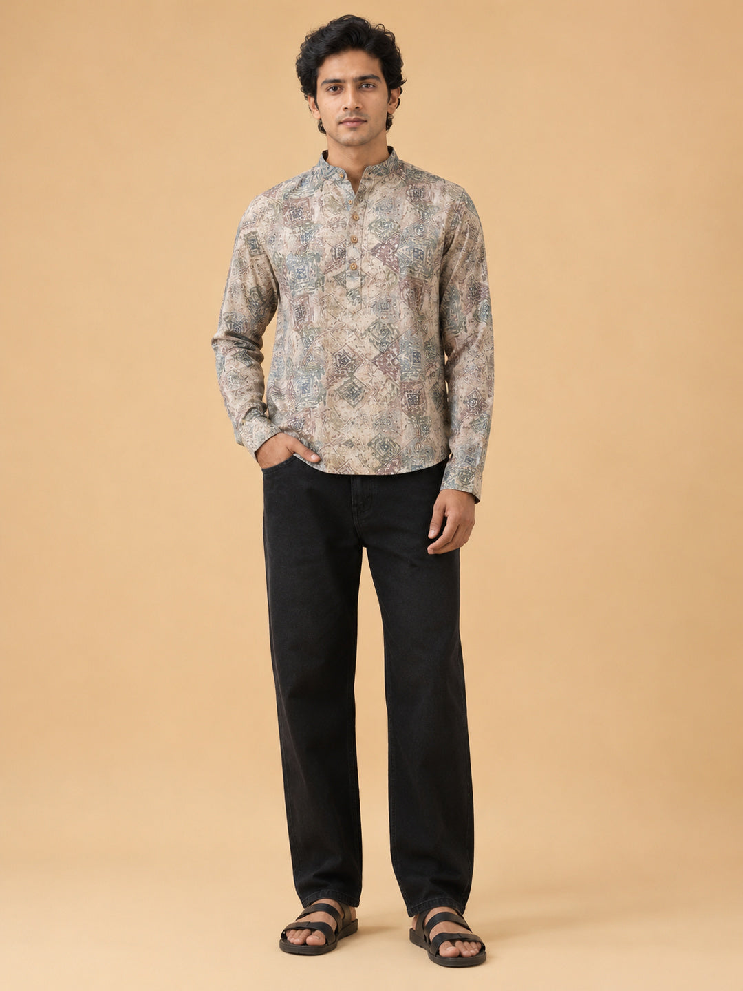Beige Linen Printed Short Kurta