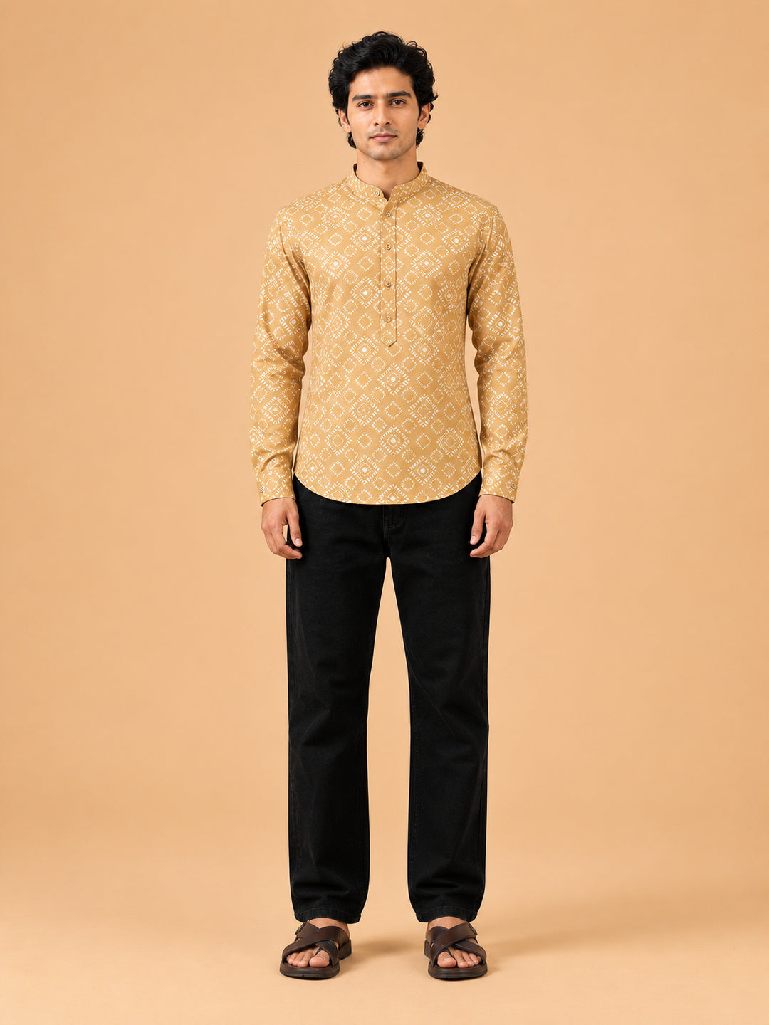 Mustard Linen Printed Short Kurta