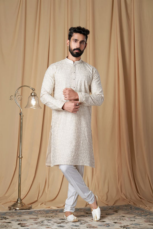 Beige Matka Silk Embroidered Kurta Pyjama