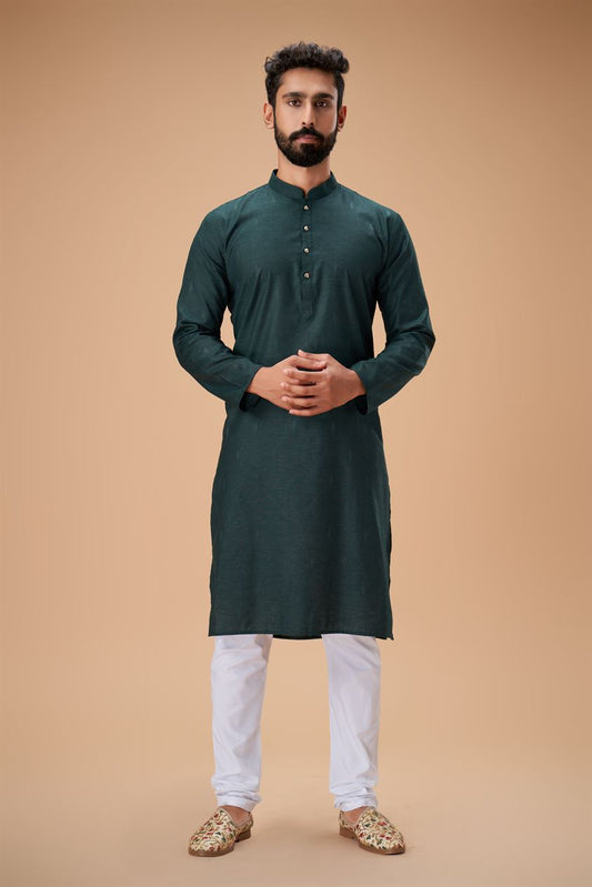 Bottle Green Pure Cotton Self Jaquard Kurta Pyjama
