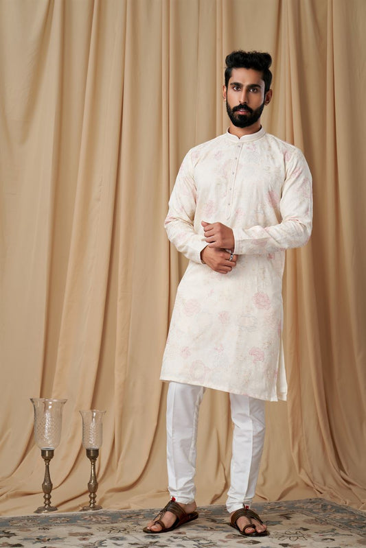 Off White Matka Silk Embroidered Kurta Pyjama
