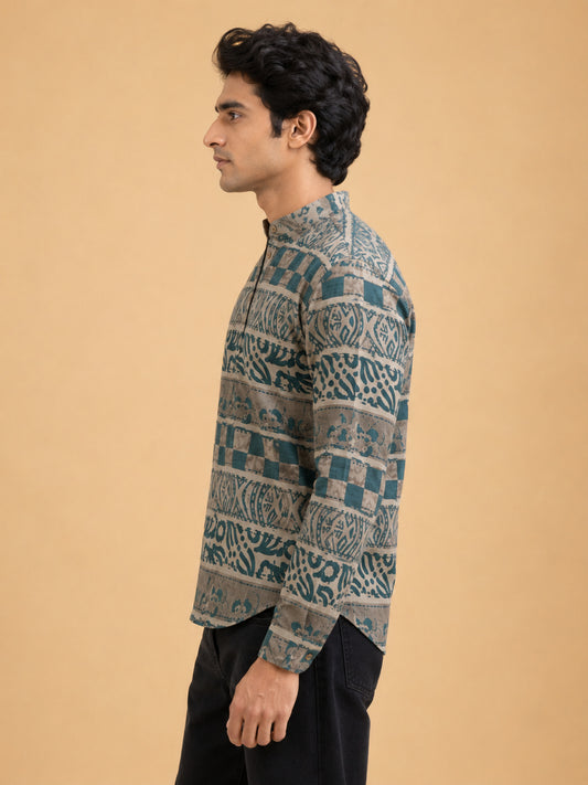 Bottle Green Linen Printed Short Kurta