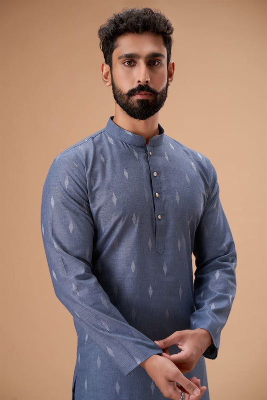 Gray Pure Cotton Self Jaquard Kurta Pyjama
