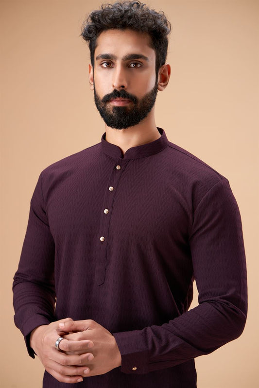 Wine Pure Cotton Self Jaquard Kurta Pyjama