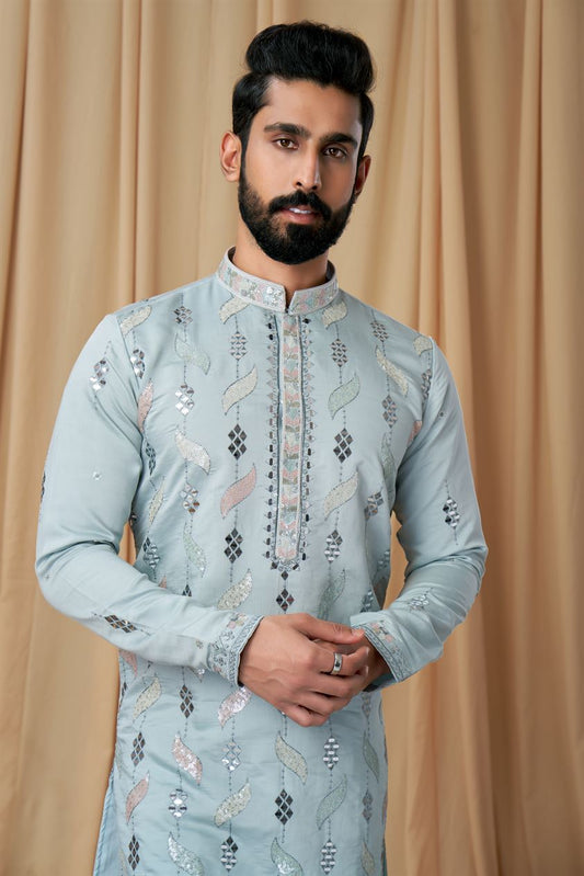 Sky Blue Muslin Mirror and Embroidered Kurta Pyjama