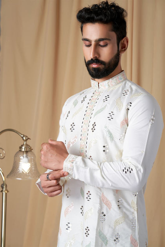 Off White Muslin Mirror and Embroidered Kurta Pyjama