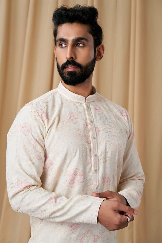 Off White Matka Silk Embroidered Kurta Pyjama