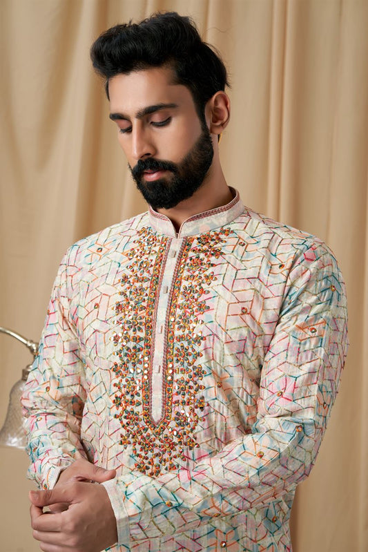 Off White Muslin Mirror and Embroidered Kurta Pyjama