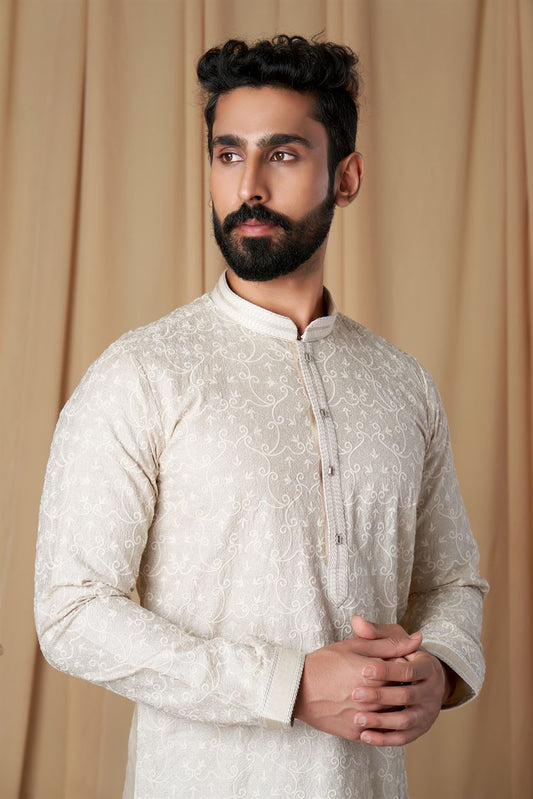 Beige Matka Silk Embroidered Kurta Pyjama