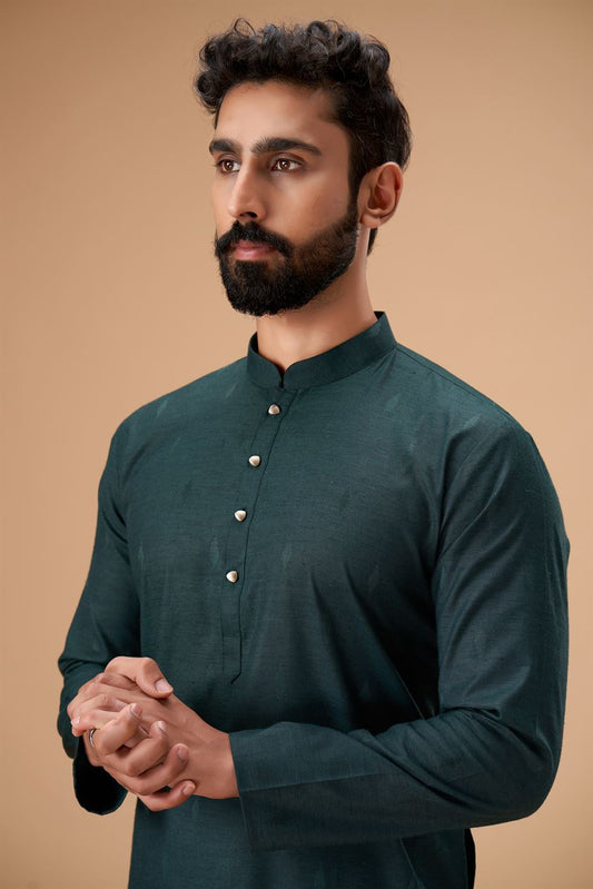Bottle Green Pure Cotton Self Jaquard Kurta Pyjama