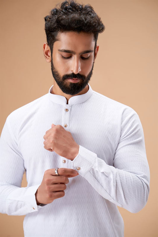 White Pure Cotton Self Jaquard Kurta Pyjama