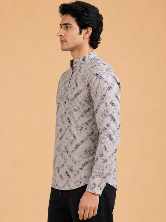 Beige Linen Printed Short Kurta