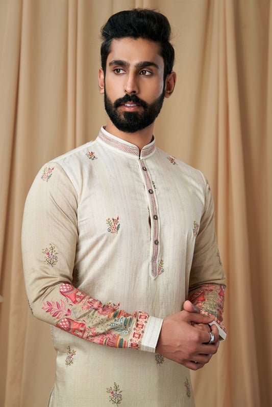 Beige Tusser Embroidered Kurta Pyjama