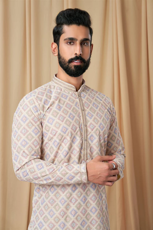 Beige Georgette Embroidered Kurta Pyjama