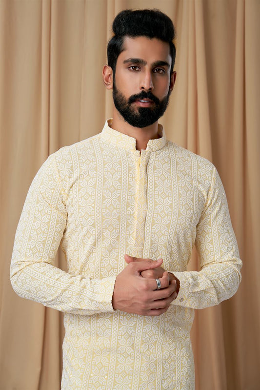 Lemon Yellow Georgette Embroidered Kurta Pyjama