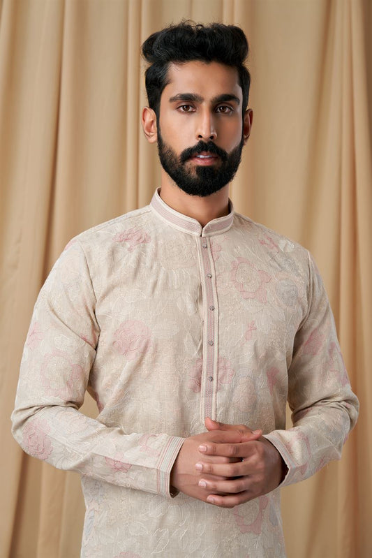 Beige Matka Silk Embroidered Kurta Pyjama