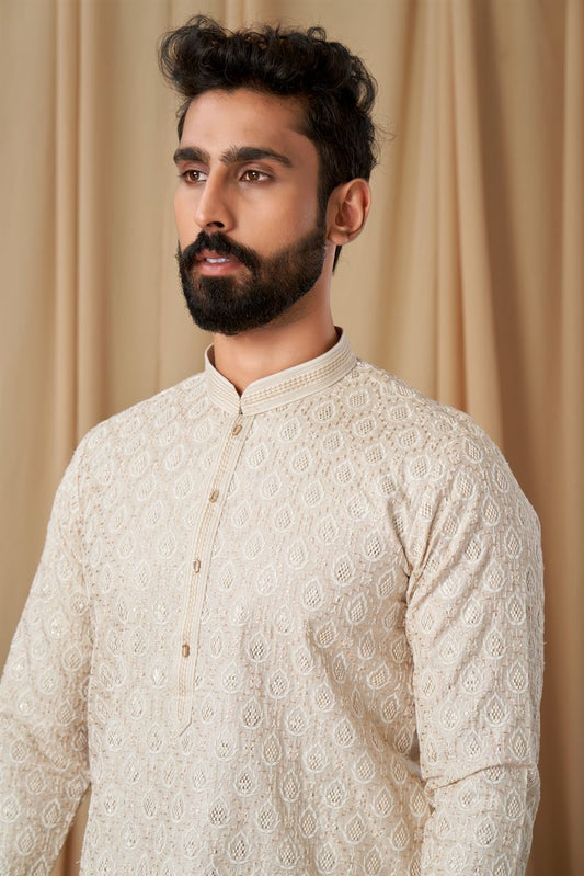Beige Matka Silk Embroidered Kurta Pyjama