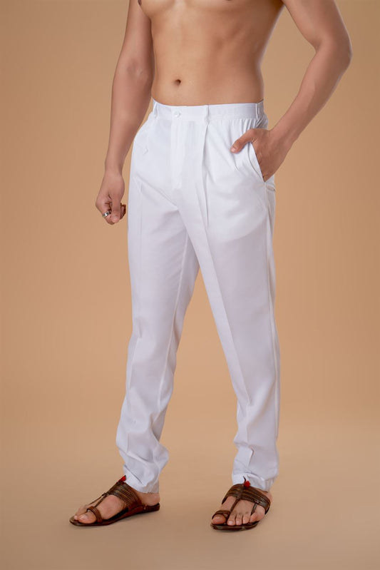 White Cotton Lycra Pant Plain Bottom
