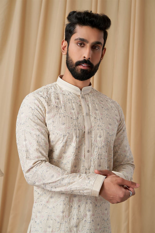 Beige Matka Silk Embroidered Kurta Pyjama