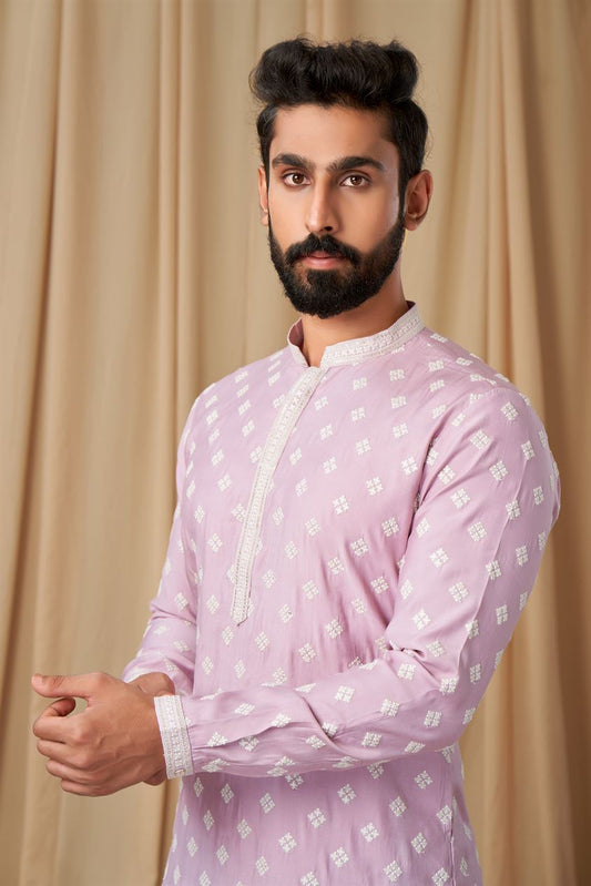 Onion Pink Muslin Allover Embroidered Kurta Pyjama