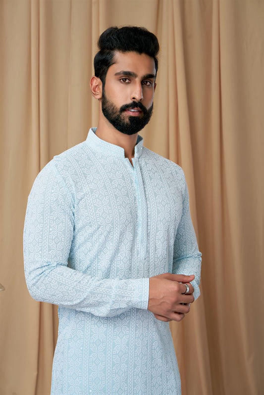 Firozi Georgette Embroidered Kurta Pyjama