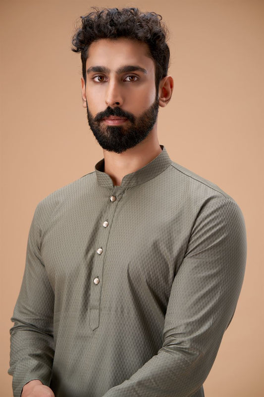 Olive Green Pure Cotton Self Jaquard Kurta Pyjama