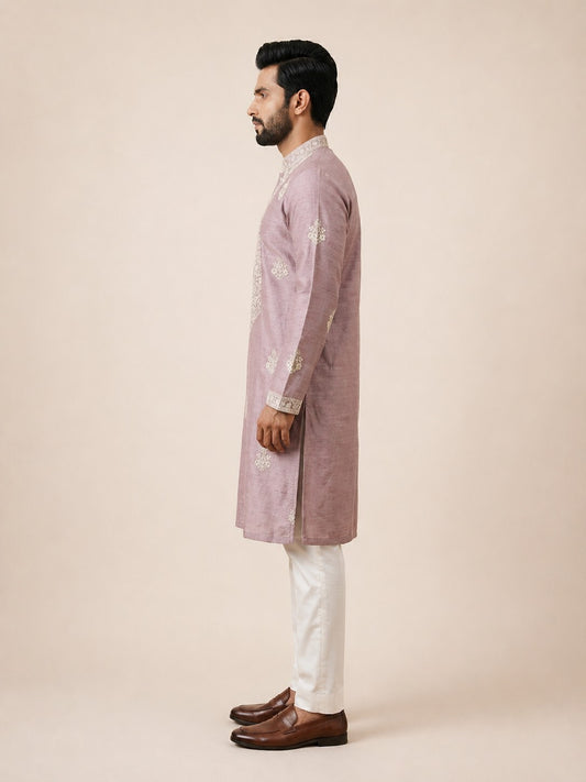 Onion Pink Linen Thread Embroidered Kurta Set for Festive Wear