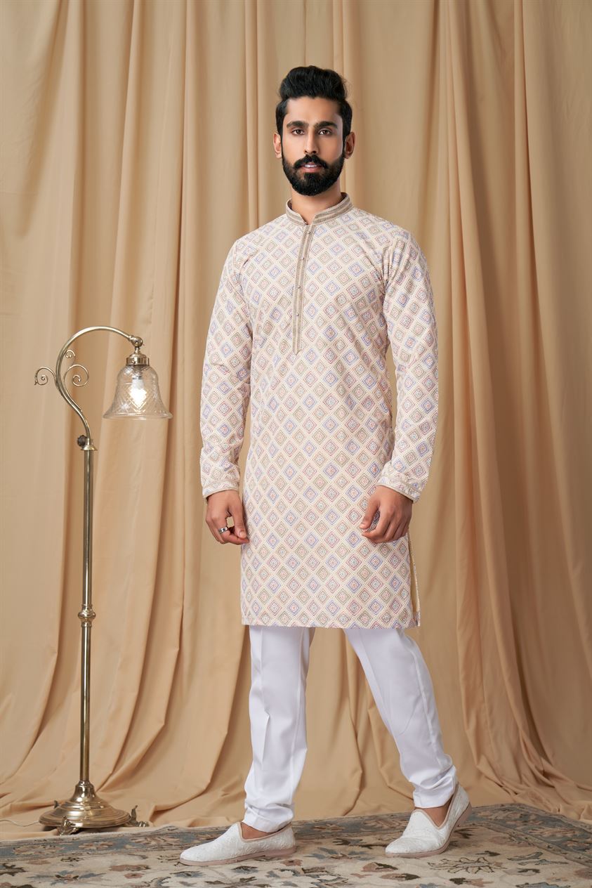 Beige Georgette Embroidered Kurta Pyjama