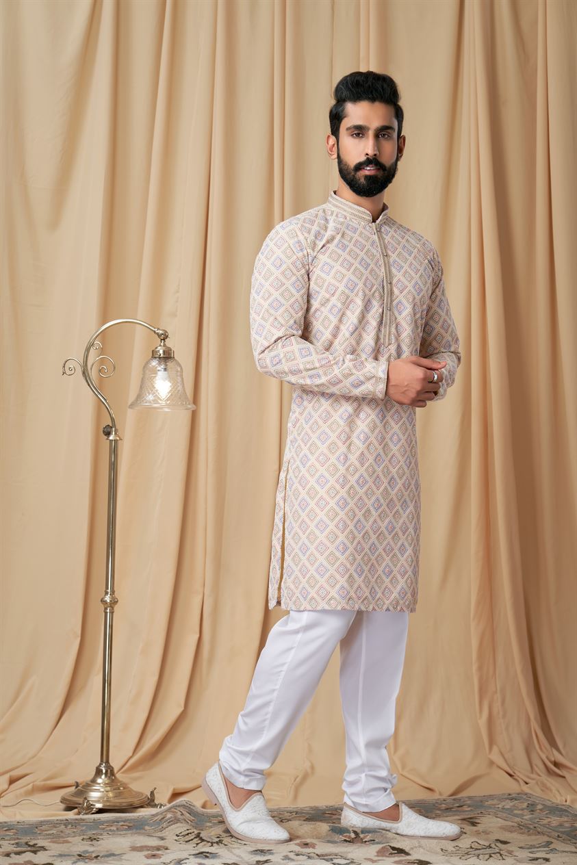 Beige Georgette Embroidered Kurta Pyjama
