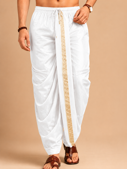 Off-White Art Silk Zari Border Dhoti with Dupatta Festive Wear