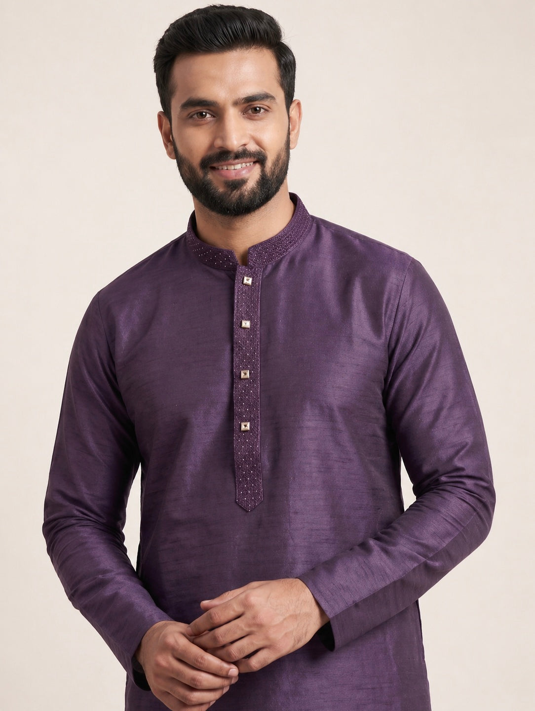 Purple Art Silk Plain Kurta Set Festive Wear