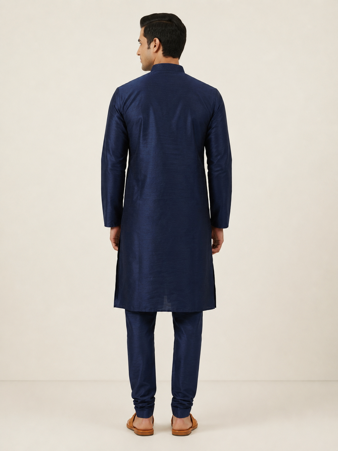 Navy Blue Art Silk Plain Kurta Set Festive Wear