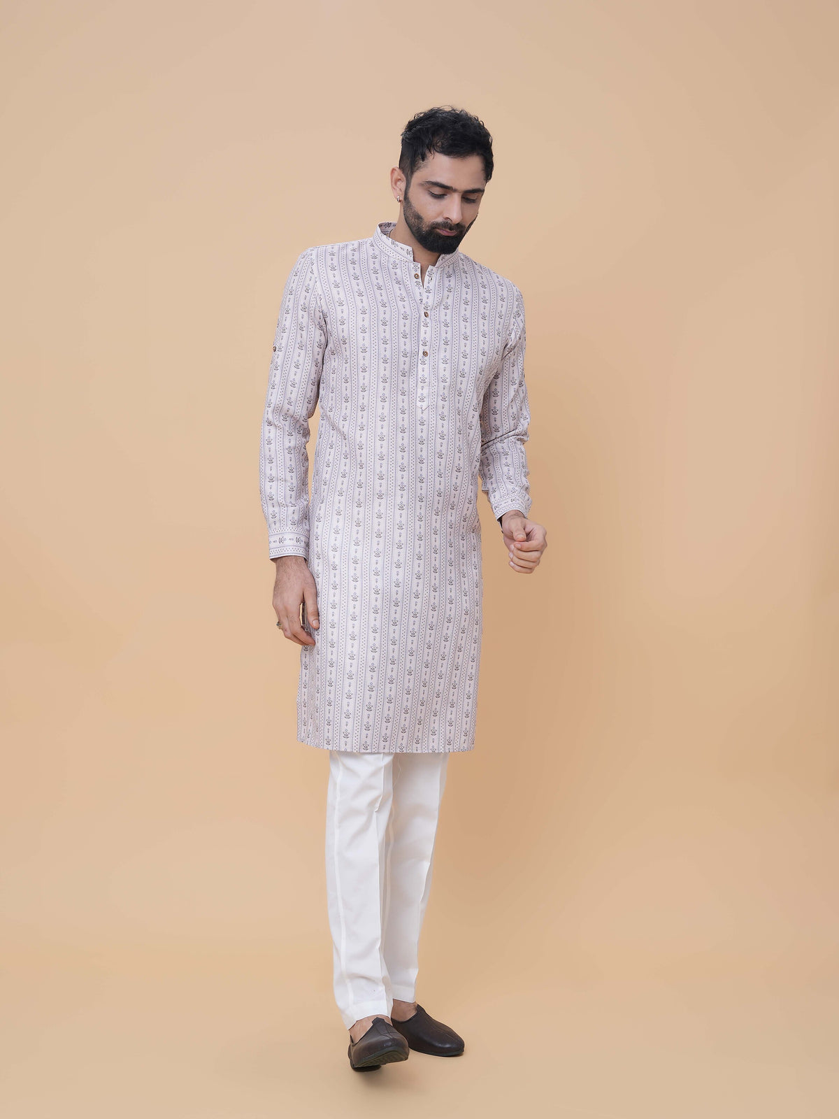 Beige Linen Cotton Printed Kurta Pyjama