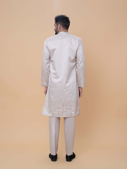Light Gray Art Silk Daman Embroidery Kurta Pyjama with All over Buta