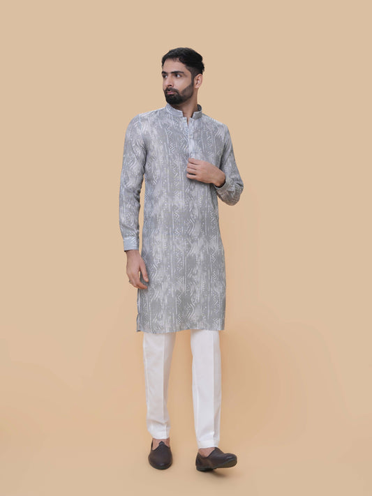 Light Gray Linen Cotton Printed Kurta Pyjama