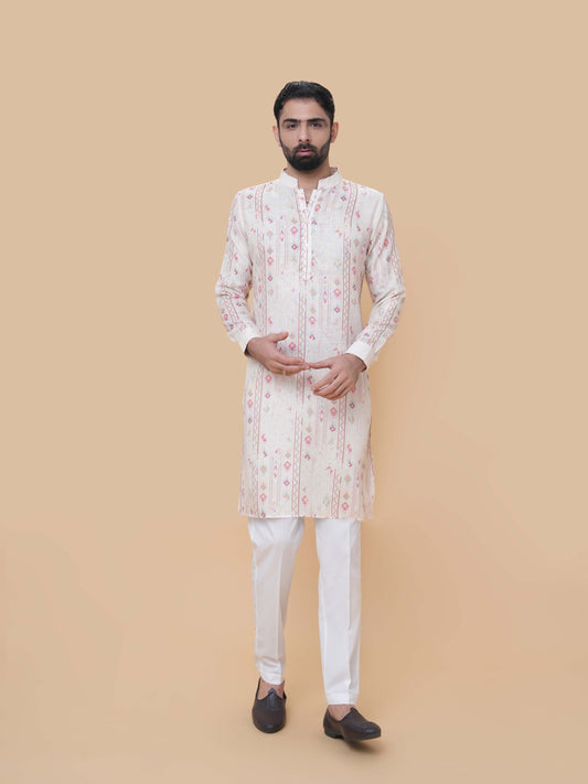 Fawn Linen Cotton Printed Kurta Pyjama