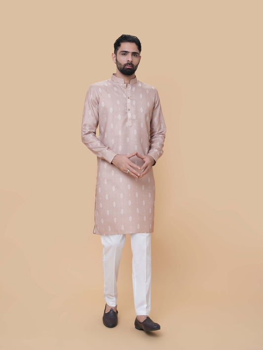 Fawn Linen Cotton Printed Kurta Pyjama
