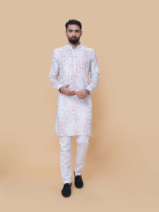 Light Gray Linen Cotton Printed Kurta Pyjama