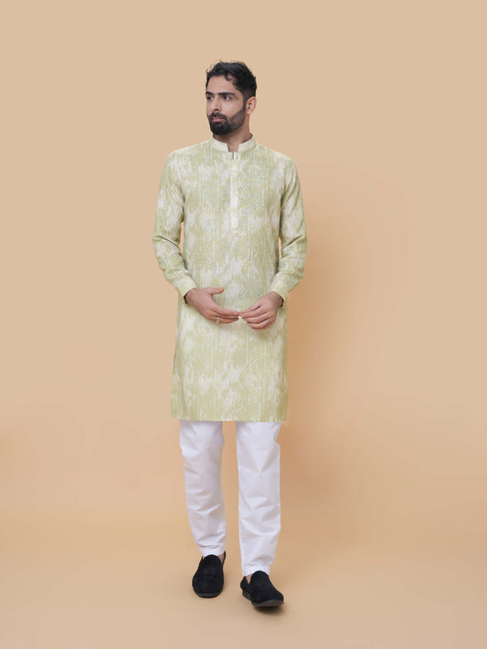 Mehendi Green Linen Cotton Printed Kurta Pyjama