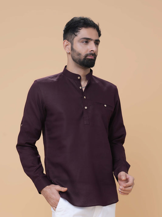 Wine Linen Plain Short Kurta