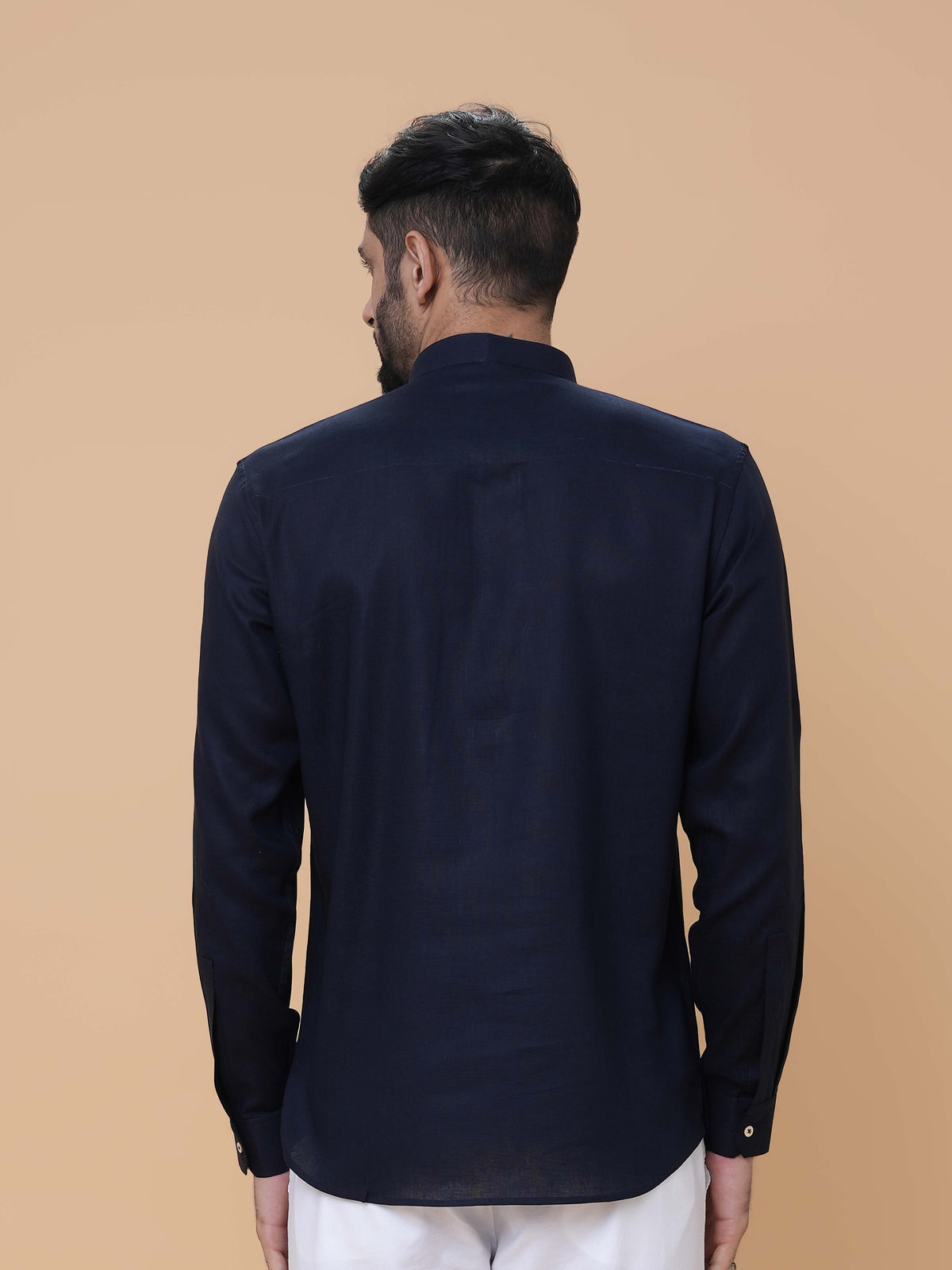 Navy Blue Linen Plain Short Kurta